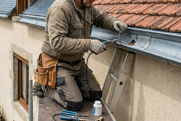 Artisan réparant une gouttière en zinc